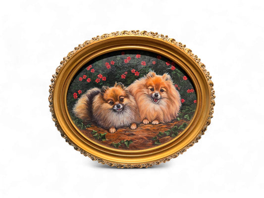 Antique Original Oil Painting of Pomeranians in Gilt Oval Frame