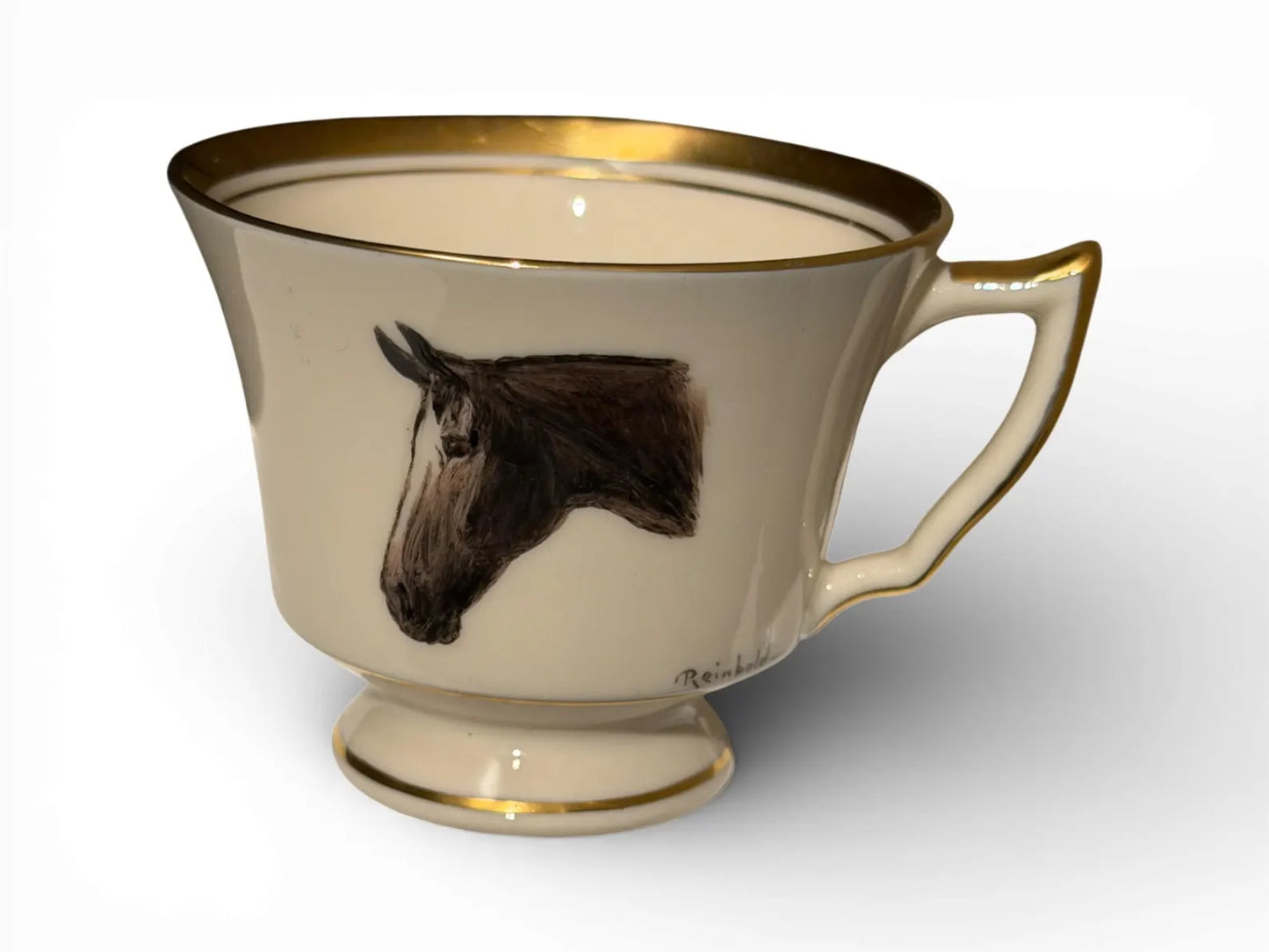 Set of Six Hand-Painted Dematisse Porcelain Horse Cups & Saucers, Signed Reinbold