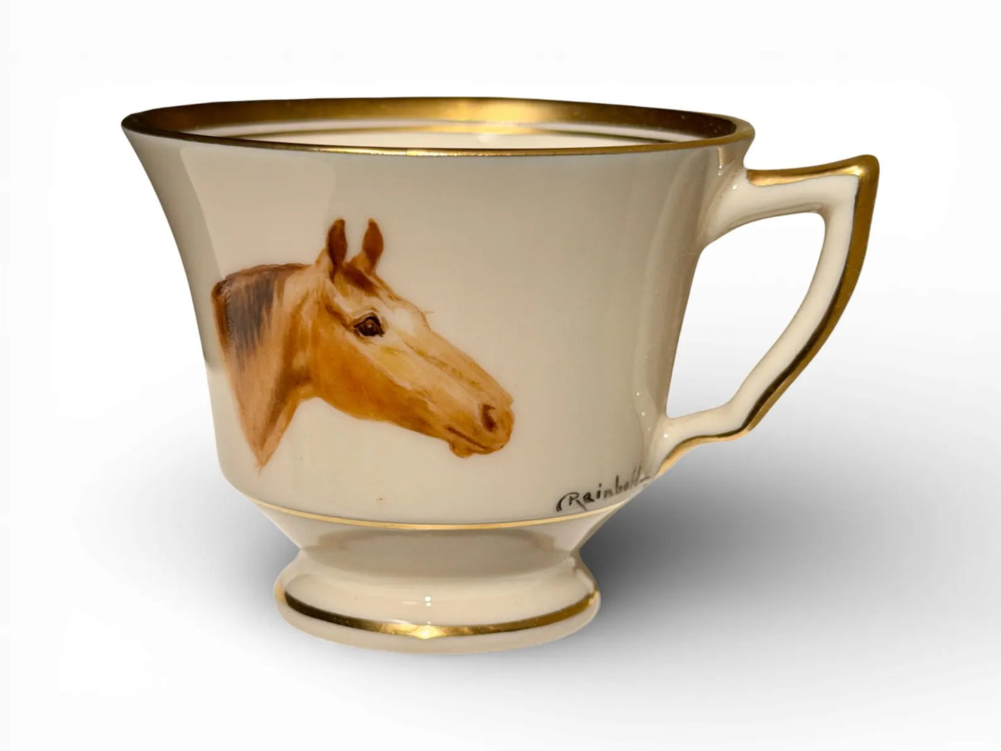 Set of Six Hand-Painted Dematisse Porcelain Horse Cups & Saucers, Signed Reinbold