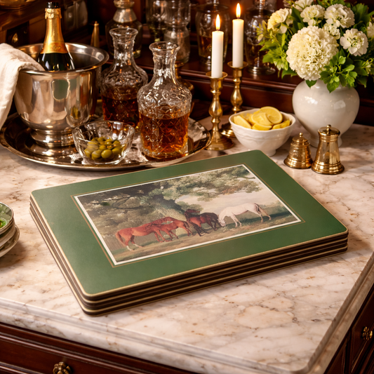 Stack of coasters with horse design on a marble surface with drinks and decor.