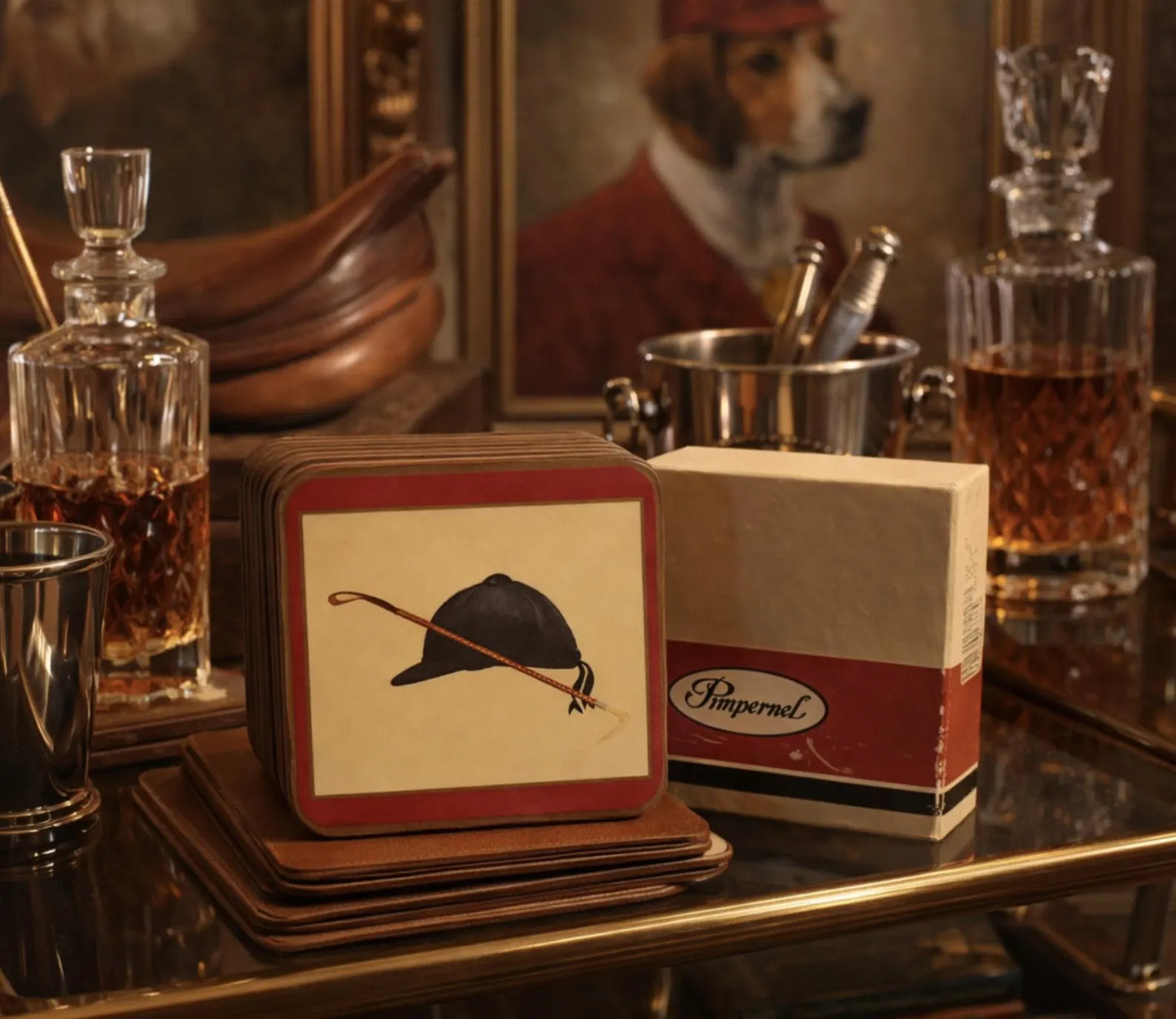 Vintage Pimpernel England Hunt Cap & Whip Coasters – Set of 6 in Original Box
