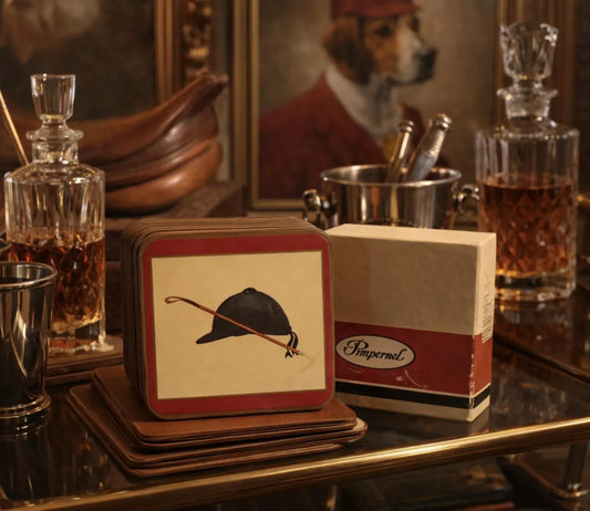Vintage Pimpernel England Hunt Cap & Whip Coasters – Set of 6 in Original Box