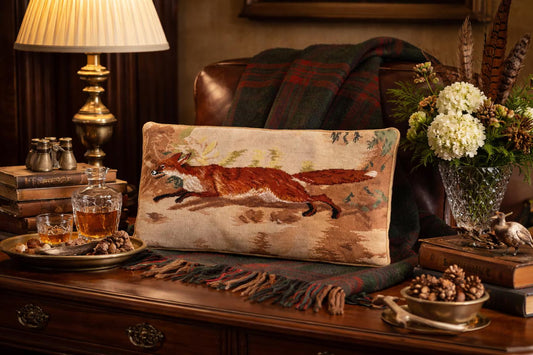 Vintage English Fox Needlepoint Pillow Cover - Oversized Lumbar Size