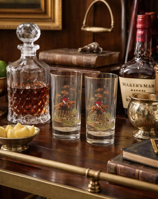 Vintage English Fox Hunt Tumblers with Gold Rim (Pair)