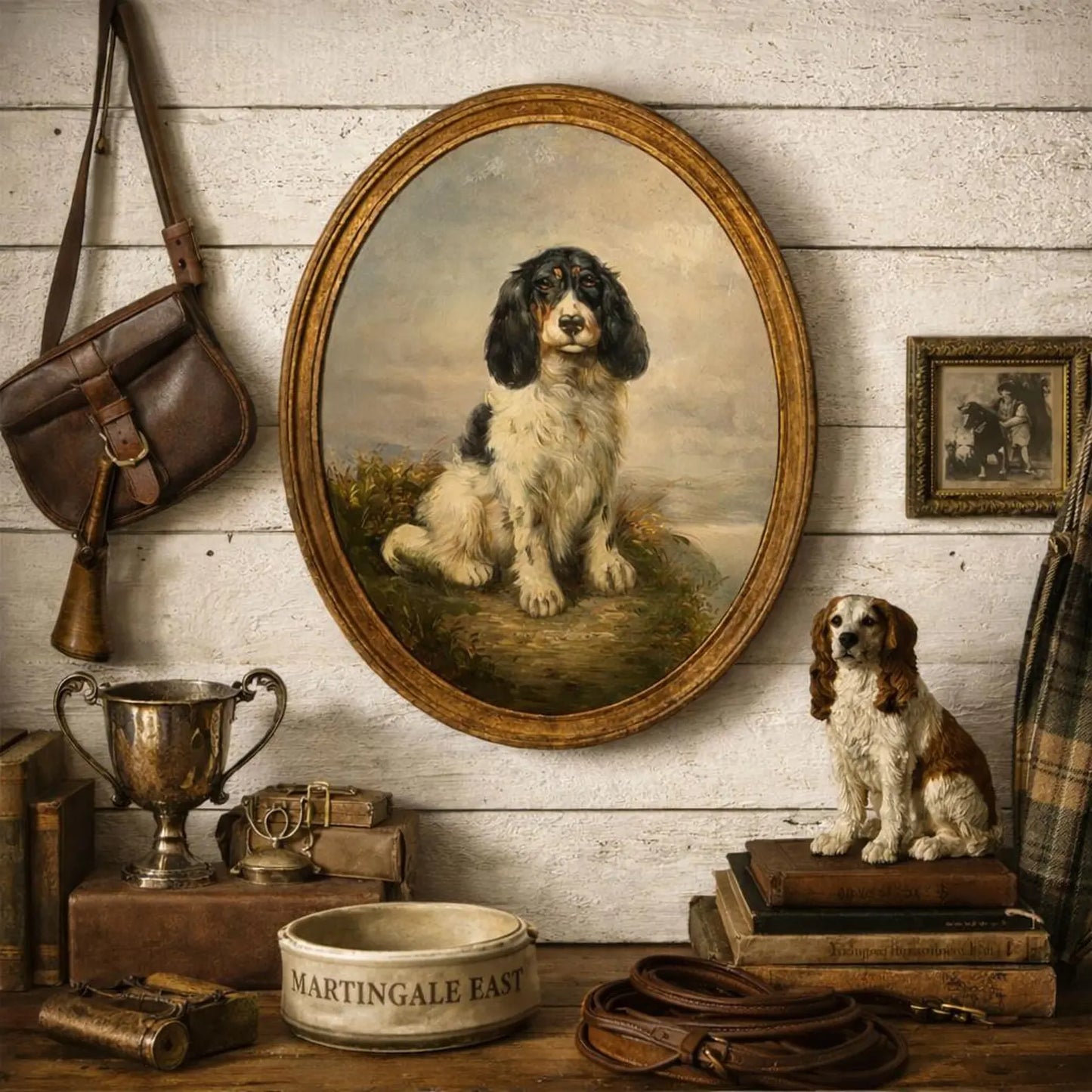 Antique Domed Original Oil Painting of a Spaniel in Gilt Oval Frame