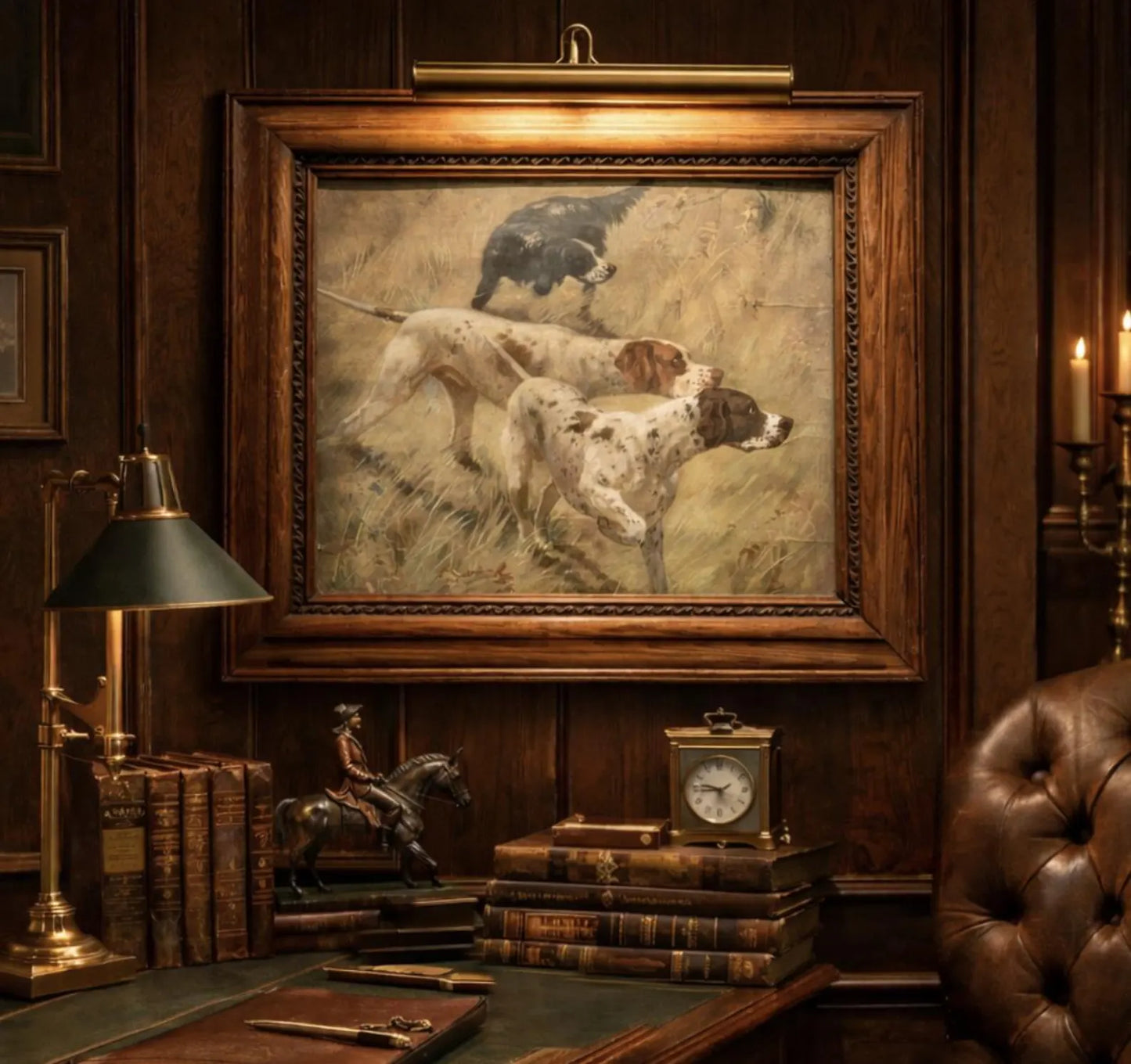 Antique German Pointer Lithograph - 3 Dogs in a Field