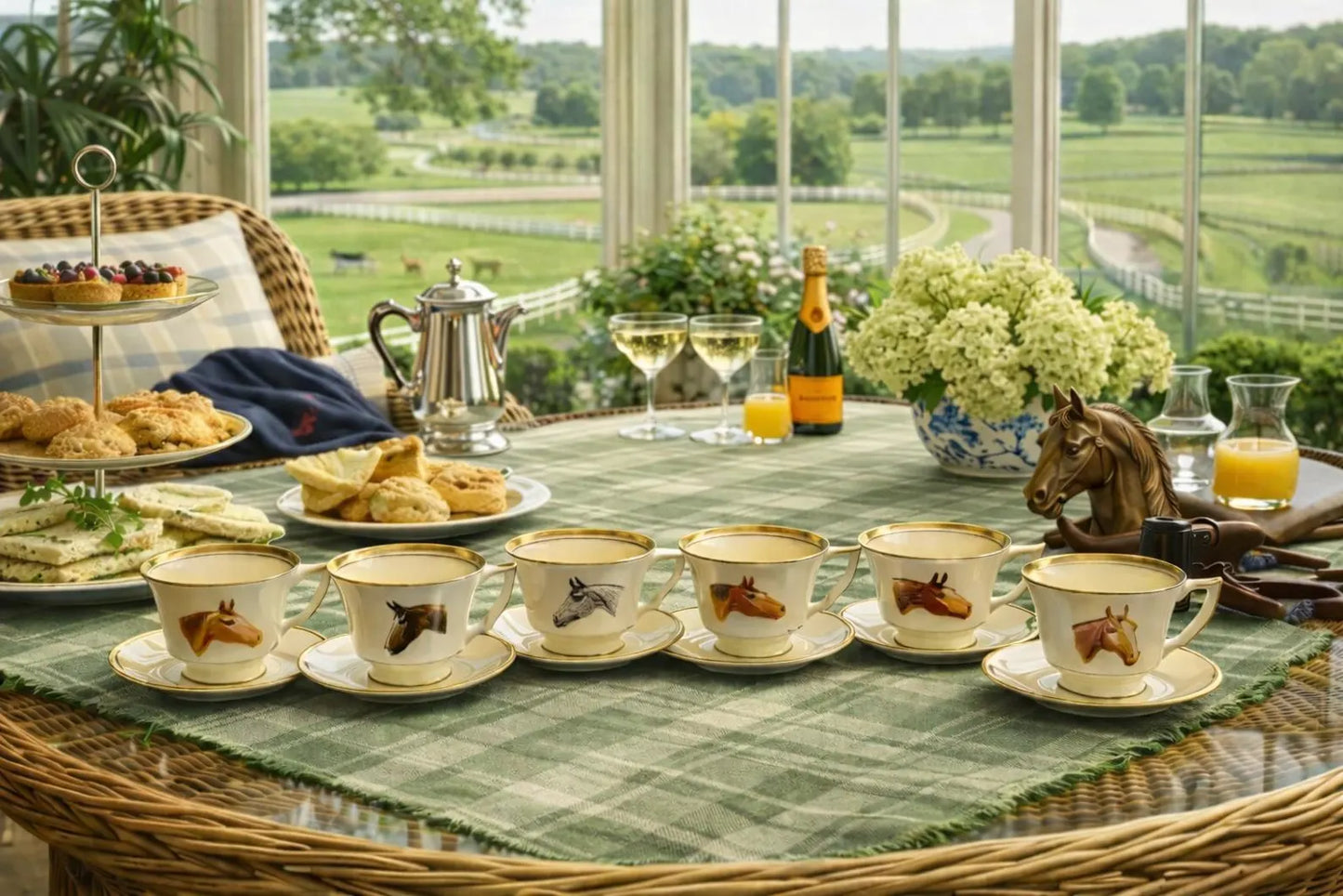 Set of Six Hand-Painted Dematisse Porcelain Horse Cups & Saucers, Signed Reinbold