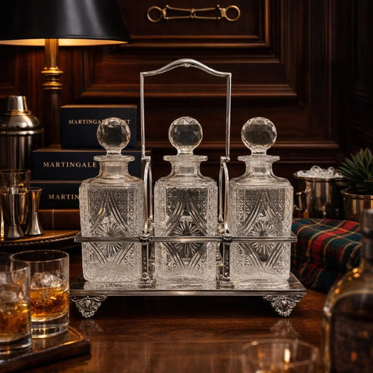 Antique Silver-Plate Tantalus with Three Cut Crystal Bottles