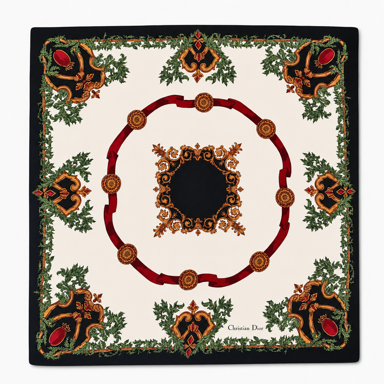 Vintage Christian Dior Paris Silk Carré Scarf in French Baroque Equestrian Design