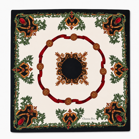 Vintage Christian Dior Paris Silk Carré Scarf in French Baroque Equestrian Design
