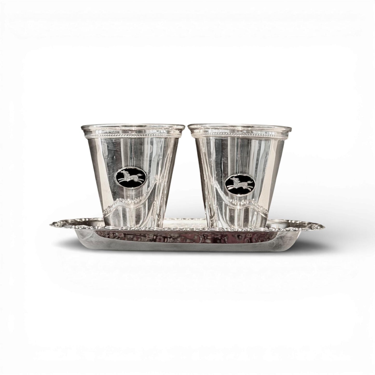 Pair of Equestrian Medallion Julep Cups with Petite Silver Tray