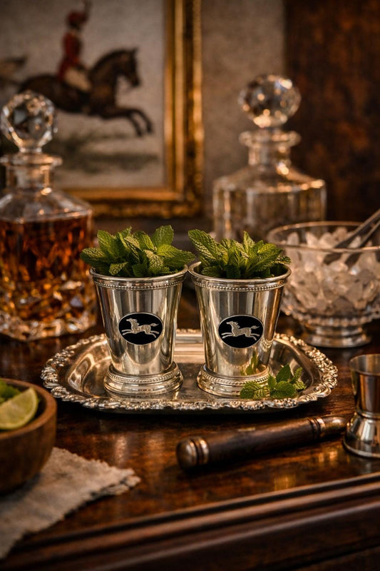 Pair of Equestrian Medallion Julep Cups with Petite Silver Tray