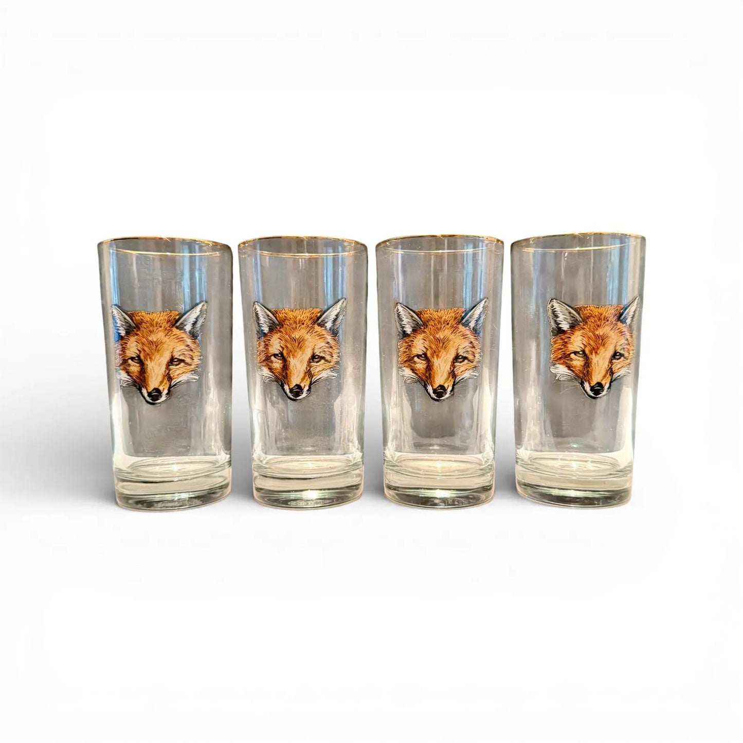 Vintage Fox Head Highball Glasses with Gold Rim — Set of Four