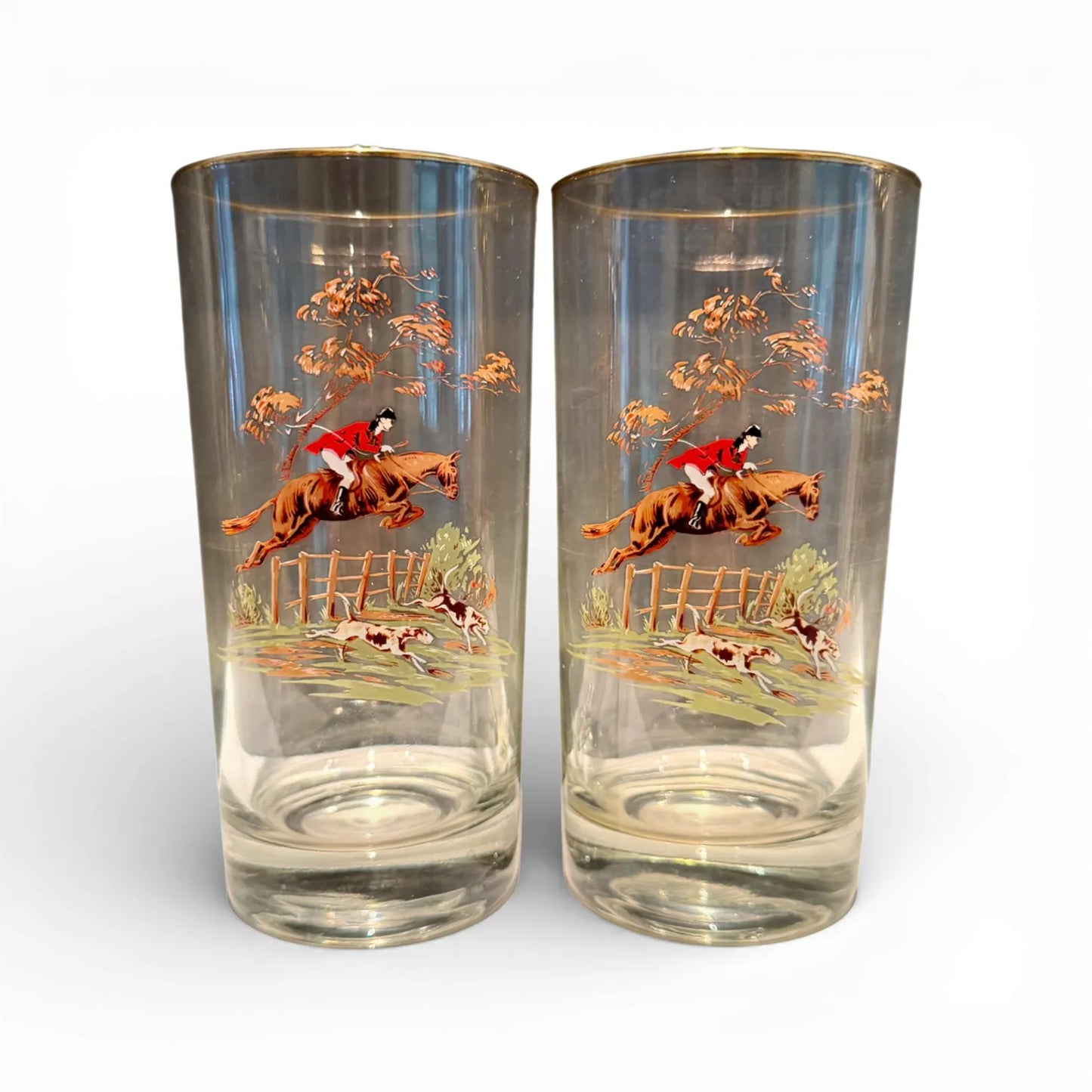 Vintage English Fox Hunt Tumblers with Gold Rim (Pair)
