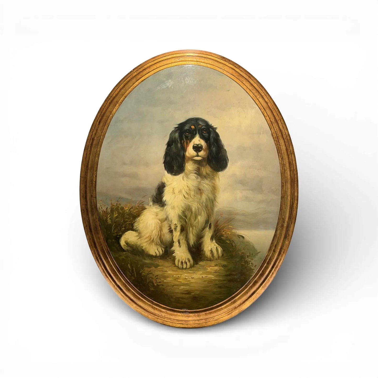 Antique Domed Original Oil Painting of a Spaniel in Gilt Oval Frame