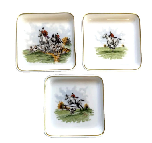 Vintage Heinrich & Co. Selb Bavaria “Parforce” Porcelain Fox Hunt Dishes — Set of 3