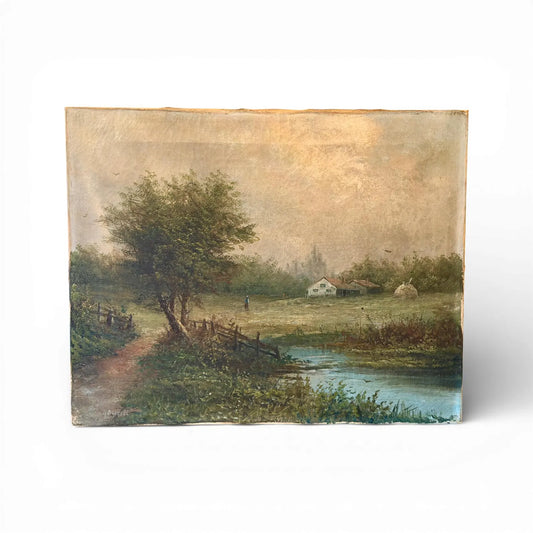 Antique Original Oil Painting (Signed) of a Pastoral River Scene