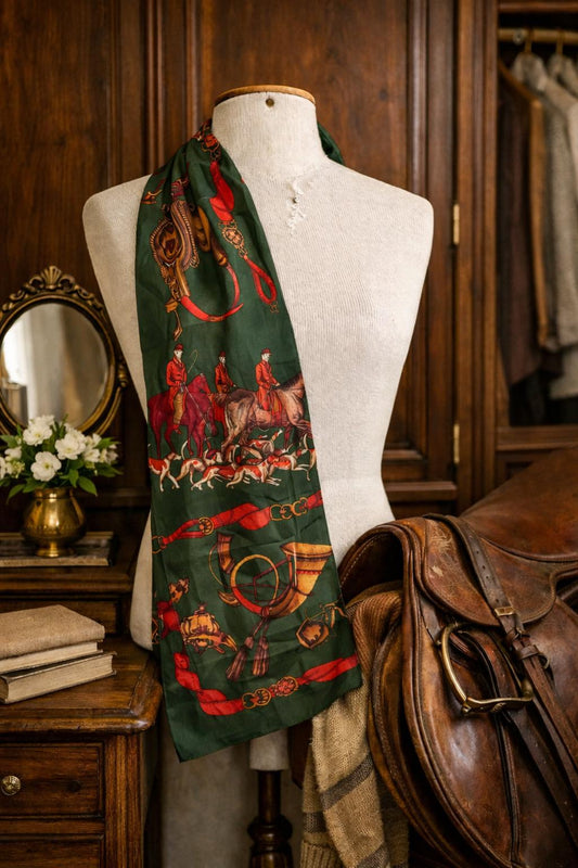 Vintage Equestrian Silk Scarf — Green Fox Hunt Motif with Riders, Hounds & Tack (54" x 15")