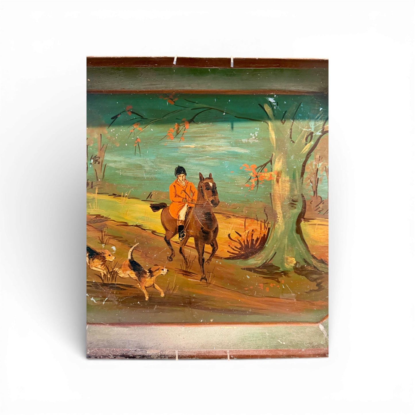 Antique Hand-Painted English Fox Hunting Tôle Tray — 22.5” x 16”