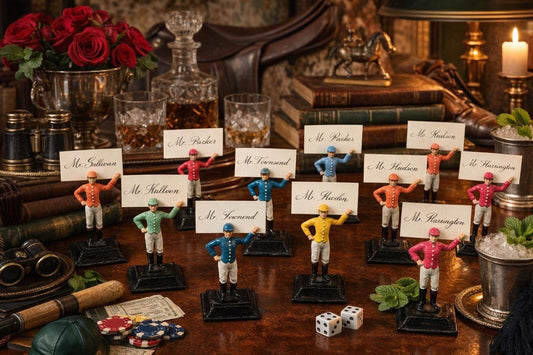 Antique Set of 21 "21 Club" Hand Painted Metal Jockey Place Card Holders