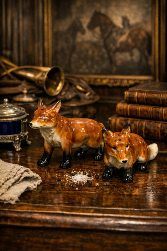 Pair of Vintage Porcelain Fox Salt & Pepper Shakers