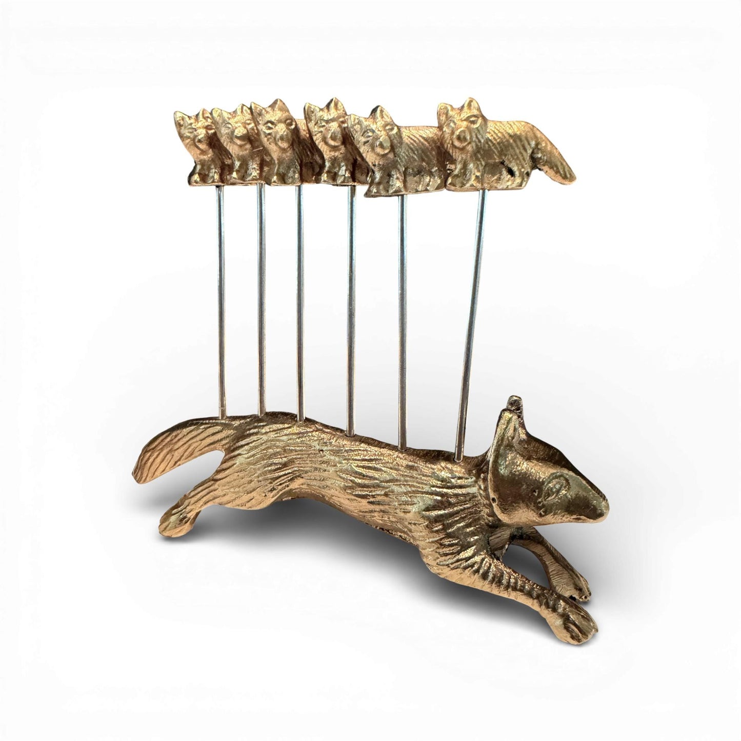 Brass Fox Cocktail Picks with Sculptural Fox Holders — Set of Two Holders with 12 Picks