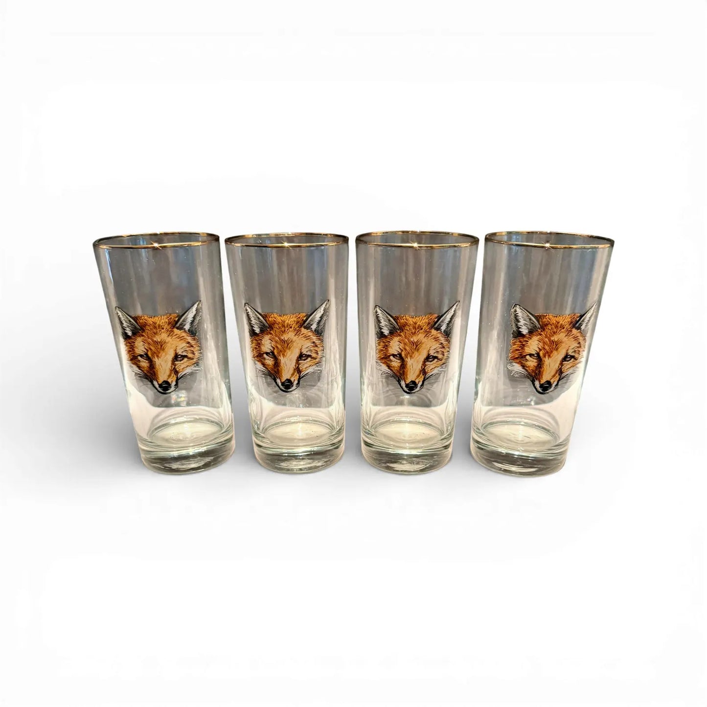 Vintage Fox Head Highball Glasses with Gold Rim — Set of Four