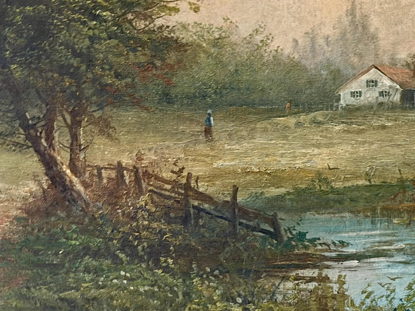 Antique Original Oil Painting (Signed) of a Pastoral River Scene