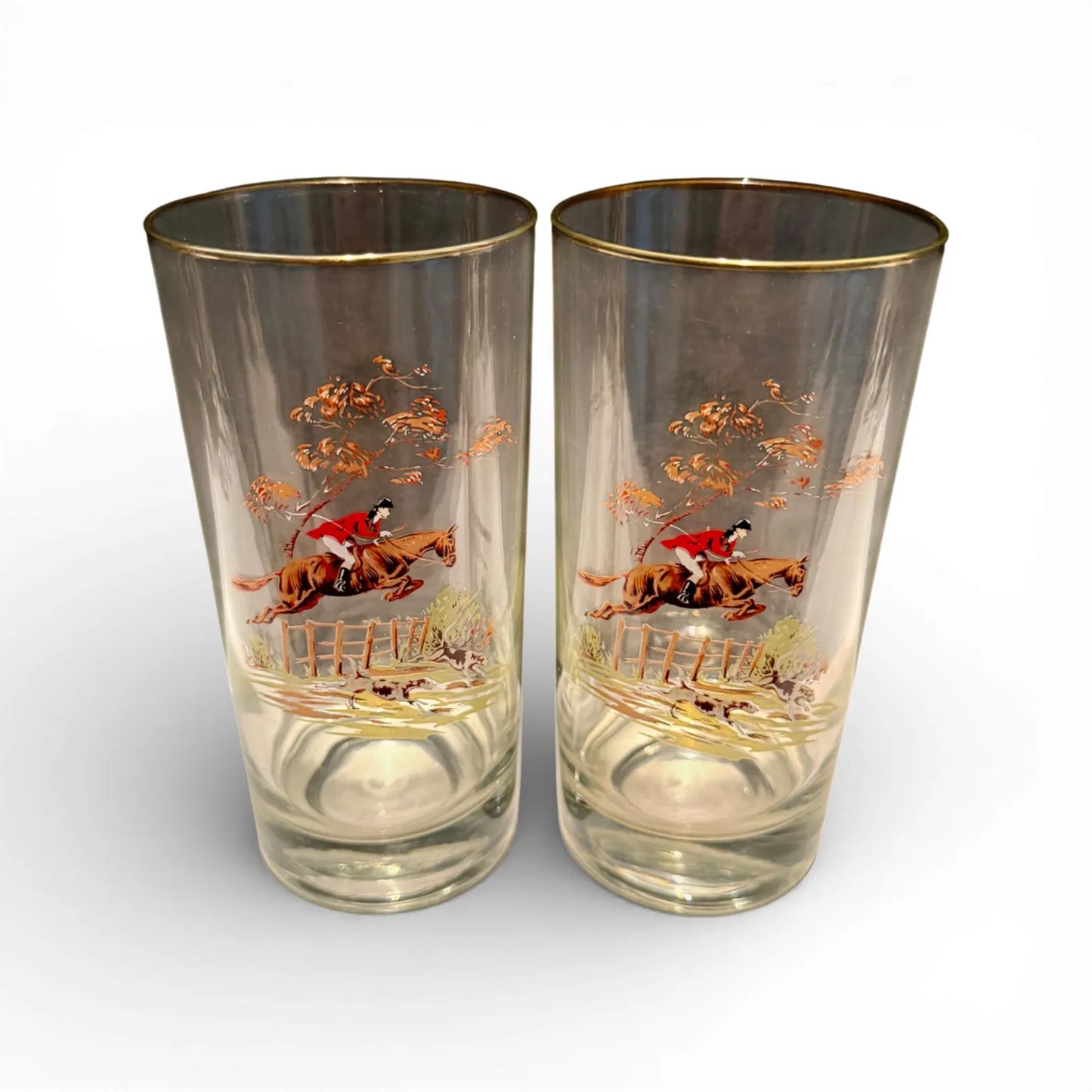Vintage English Fox Hunt Tumblers with Gold Rim (Pair)