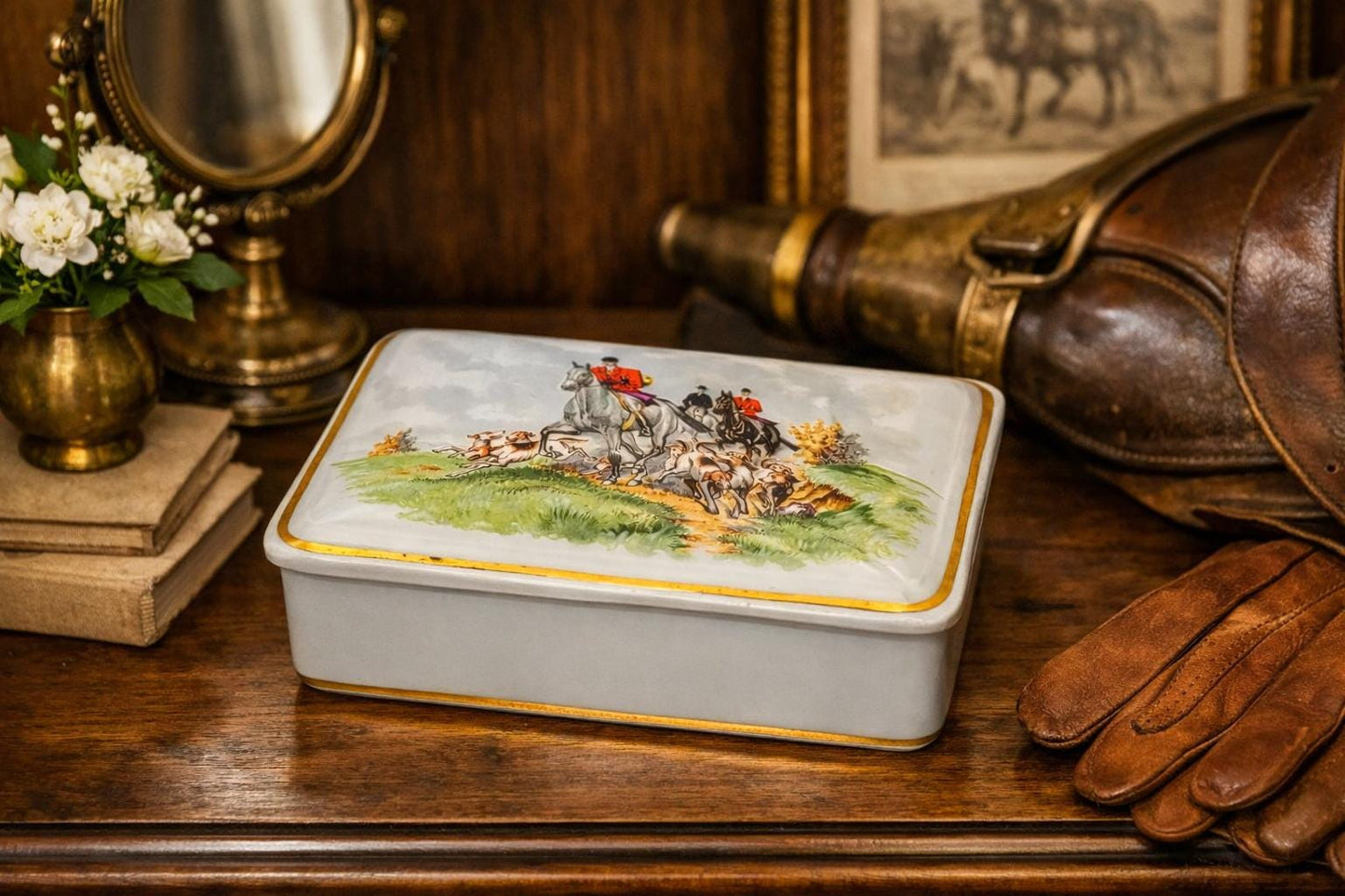 Antique Heinrich “Parforce” Porcelain Trinket Box — German Equestrian Hunt Scene