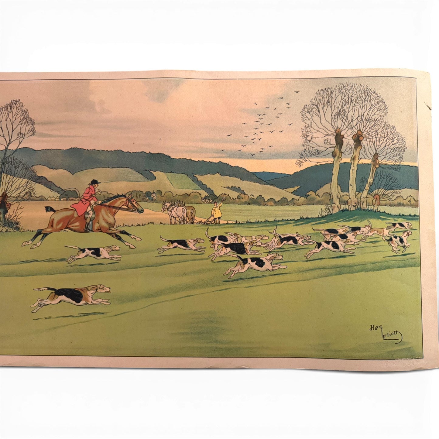 c. 1920 Antique Harry Eliott Fox Hunting Lithograph