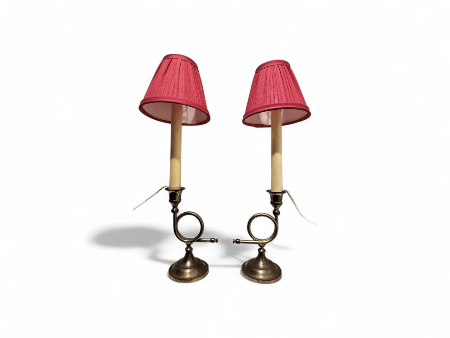 Pair of Antique Brass Candlestick Lamps with Rose Pleated Shades