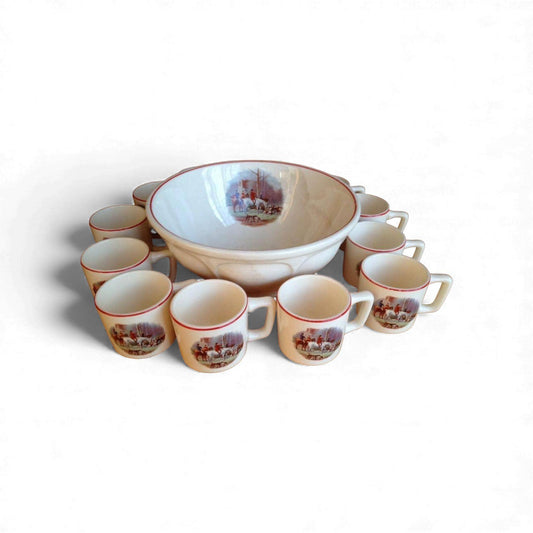 Vintage Fox Hunting Ironstone Punch Bowl & Mugs - 14 Piece Set
