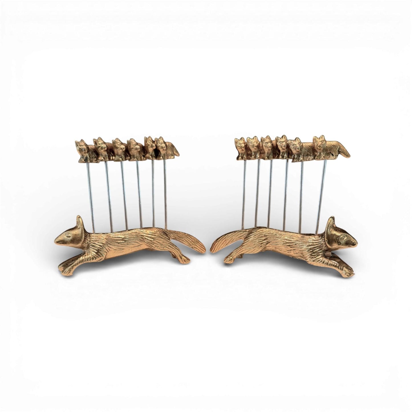 Brass Fox Cocktail Picks with Sculptural Fox Holders — Set of Two Holders with 12 Picks