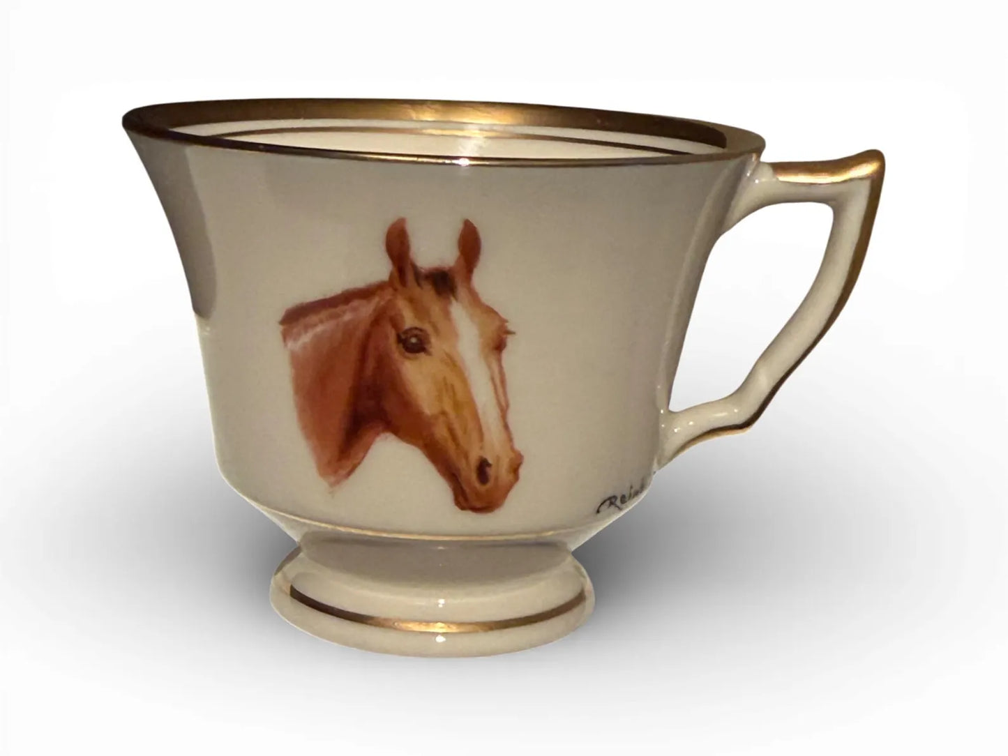 Set of Six Hand-Painted Dematisse Porcelain Horse Cups & Saucers, Signed Reinbold