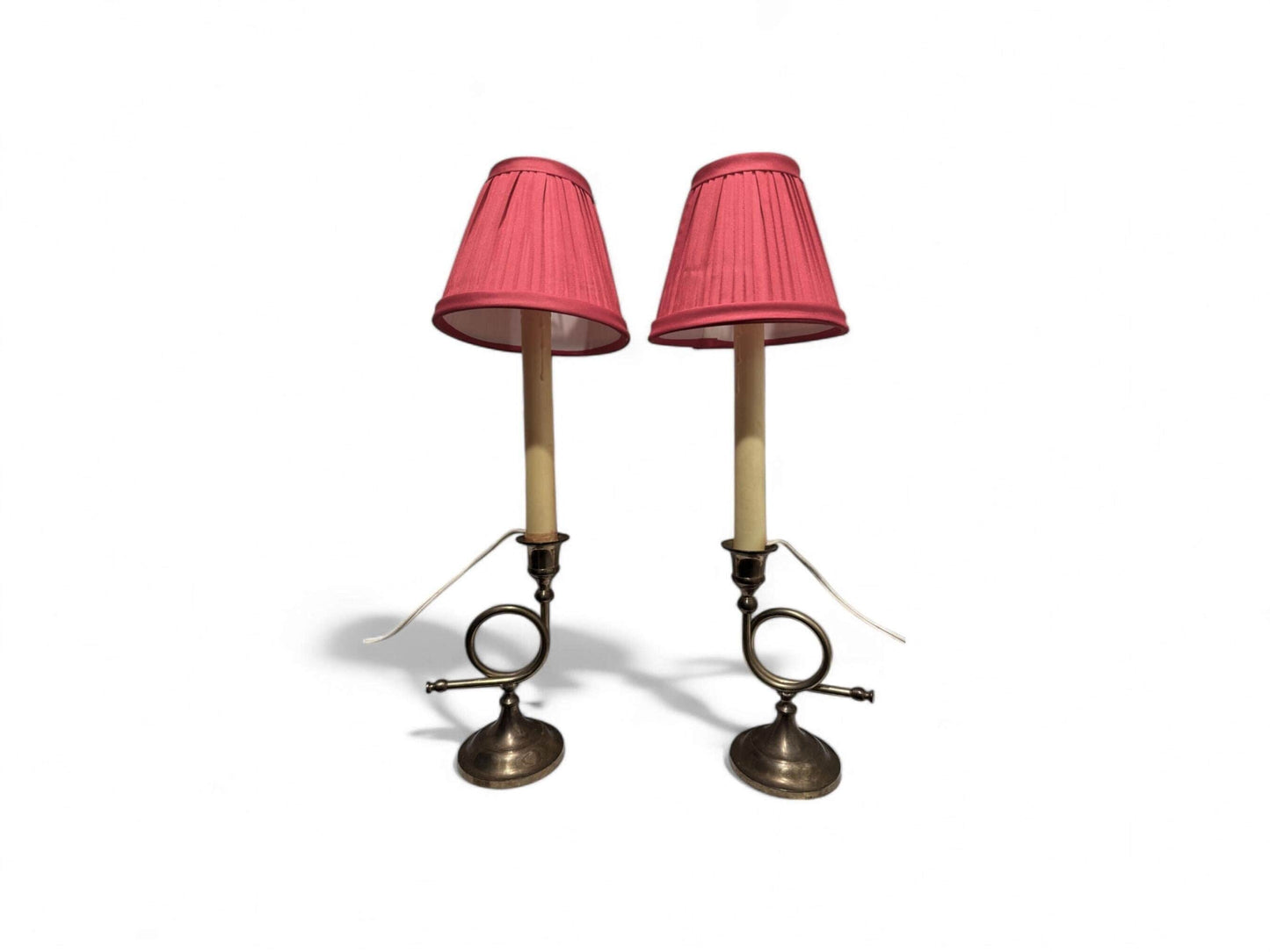 Pair of Antique Brass Candlestick Lamps with Rose Pleated Shades
