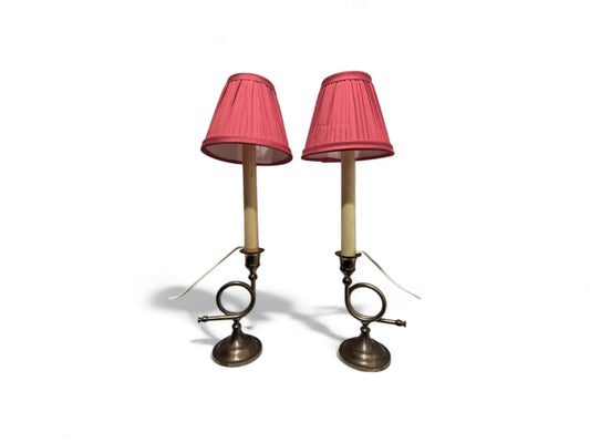 Pair of Antique Brass Candlestick Lamps with Rose Pleated Shades