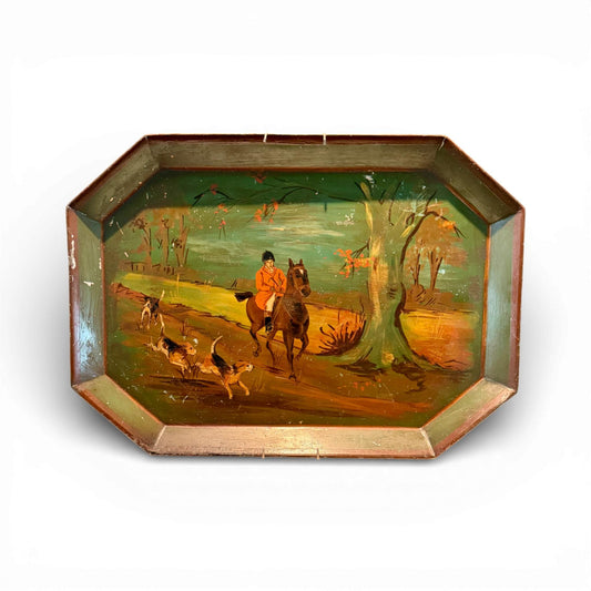 Antique Hand-Painted English Fox Hunting Tôle Tray — 22.5” x 16”