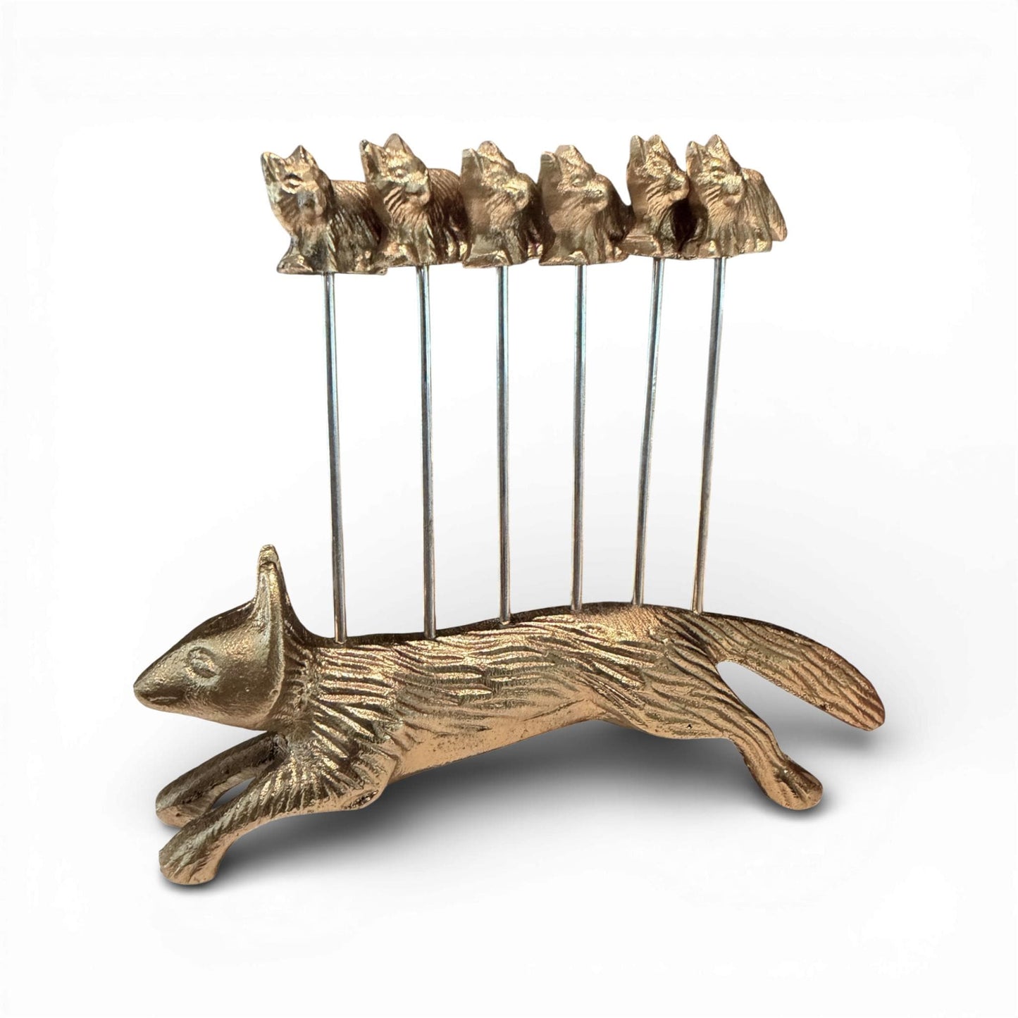 Brass Fox Cocktail Picks with Sculptural Fox Holders — Set of Two Holders with 12 Picks