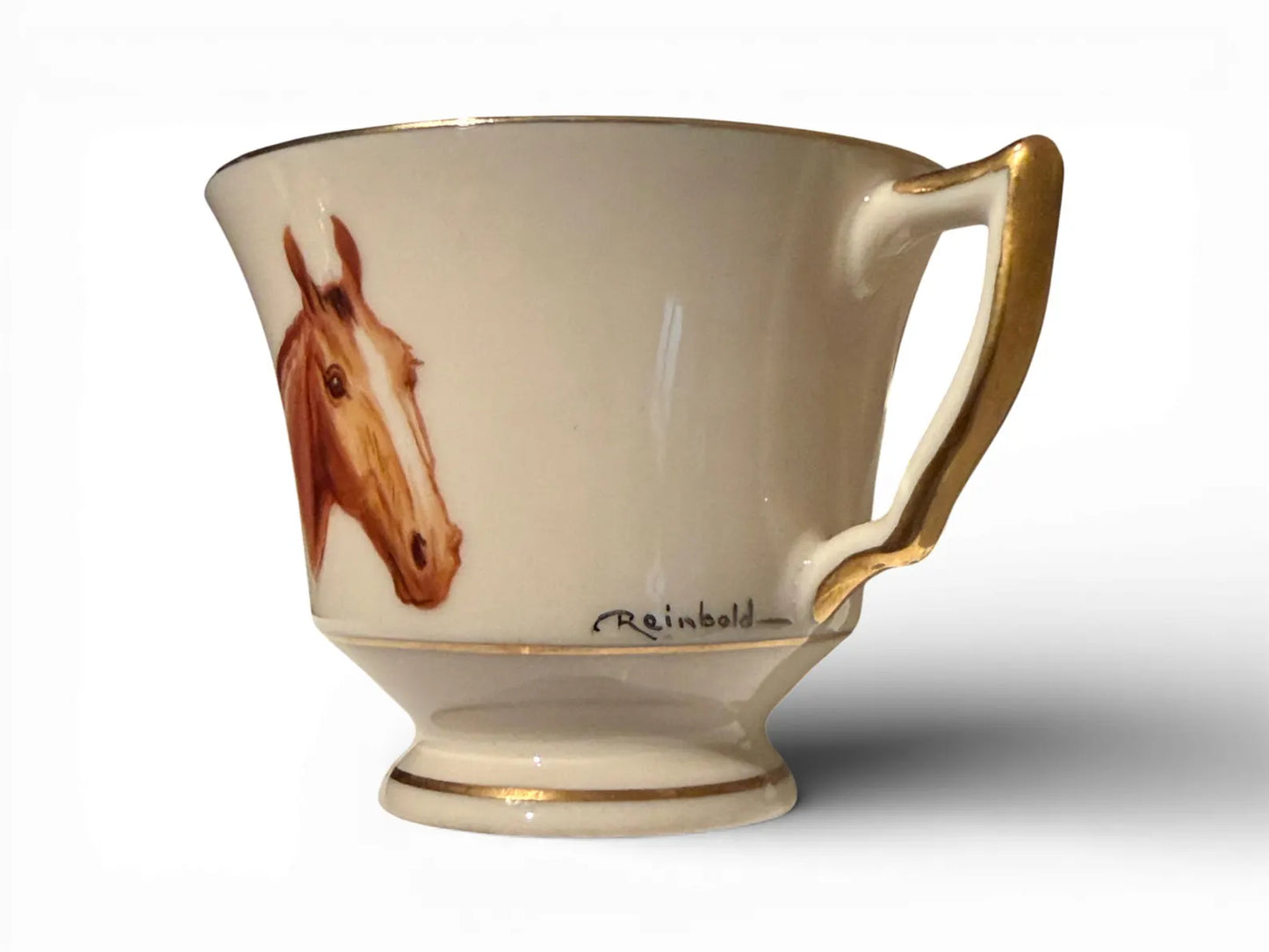 Set of Six Hand-Painted Dematisse Porcelain Horse Cups & Saucers, Signed Reinbold