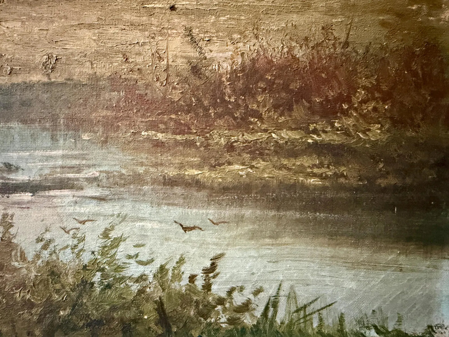 Antique Original Oil Painting (Signed) of a Pastoral River Scene