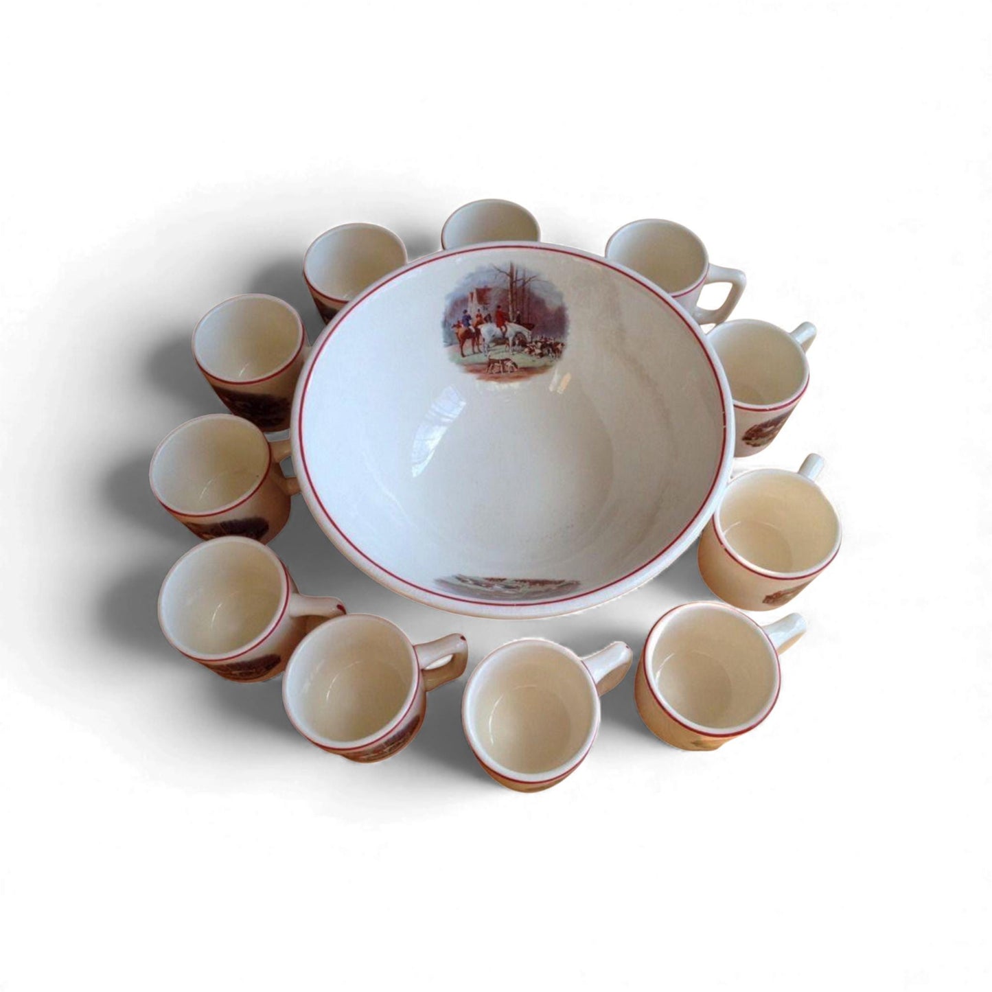 Vintage Fox Hunting Ironstone Punch Bowl & Mugs - 14 Piece Set