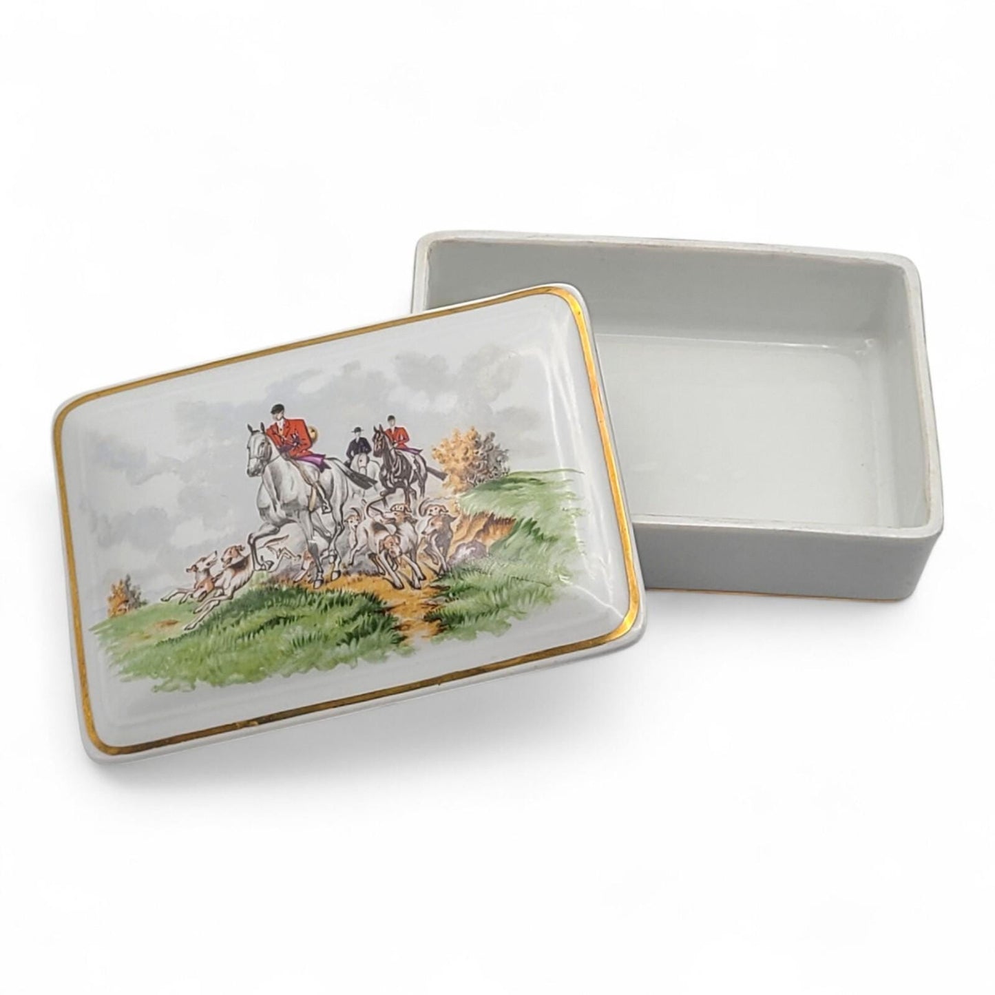 Antique Heinrich “Parforce” Porcelain Trinket Box — German Equestrian Hunt Scene