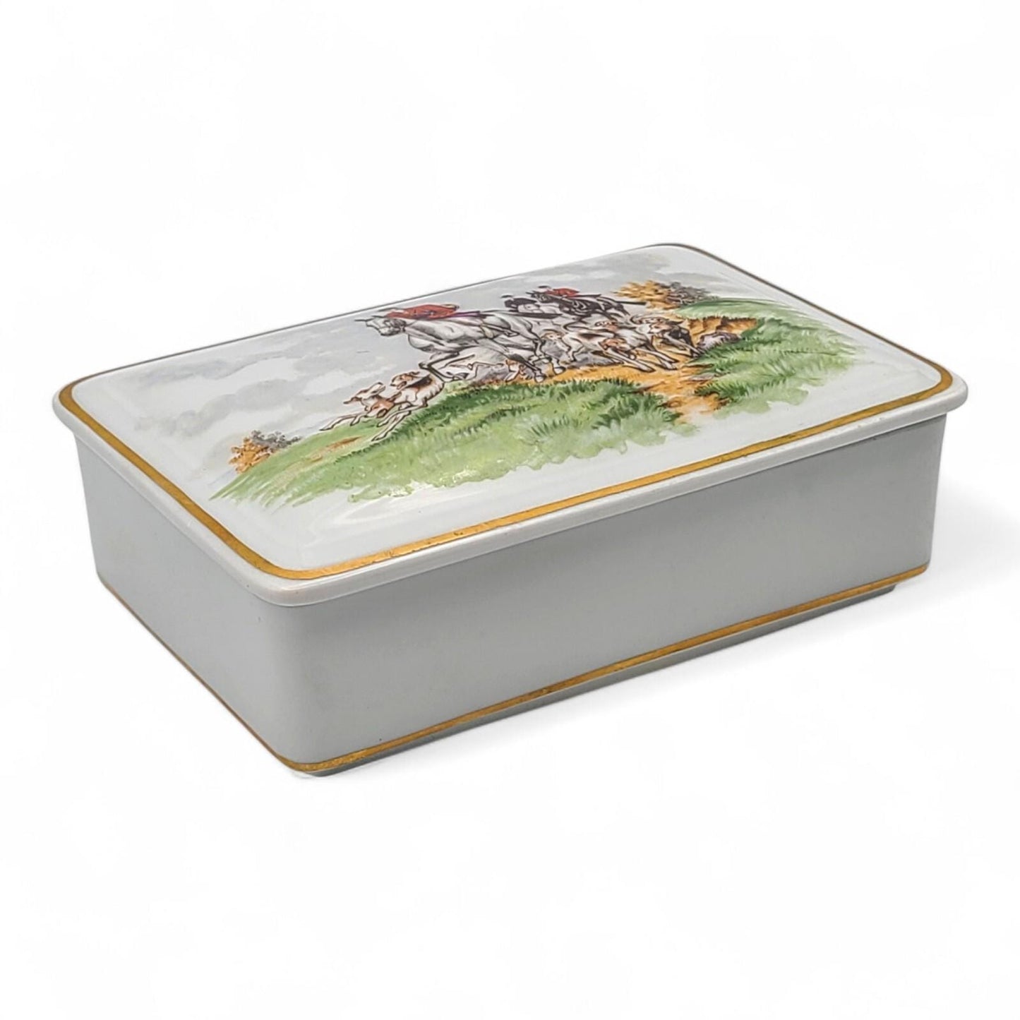 Antique Heinrich “Parforce” Porcelain Trinket Box — German Equestrian Hunt Scene