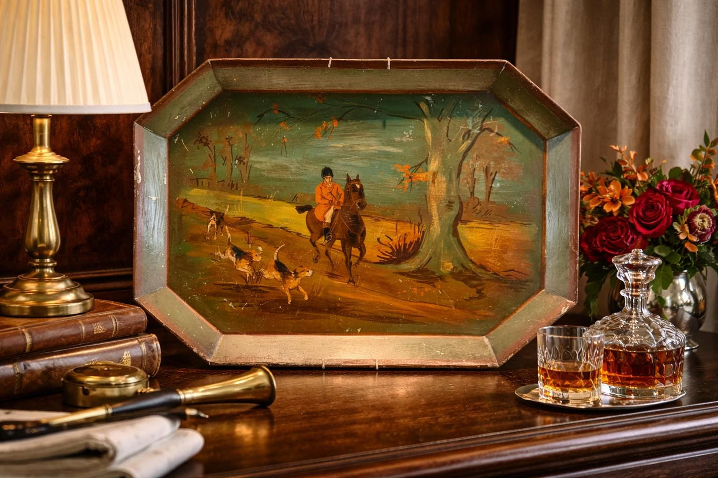 Antique Hand-Painted English Fox Hunting Tôle Tray — 22.5” x 16”