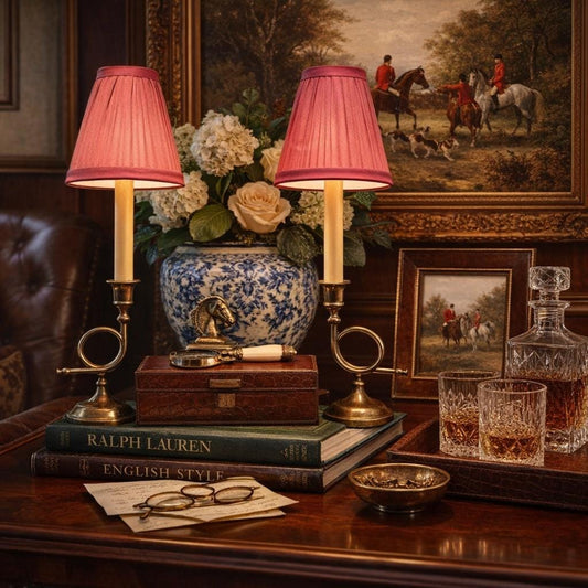 Pair of Antique Brass Candlestick Lamps with Rose Pleated Shades
