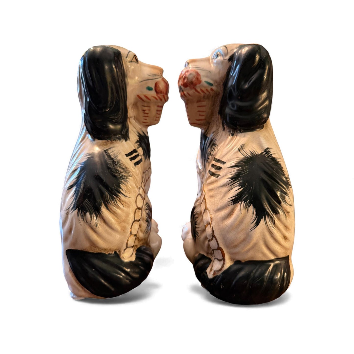 Pair of Antique Staffordshire Spaniels with Flower Baskets