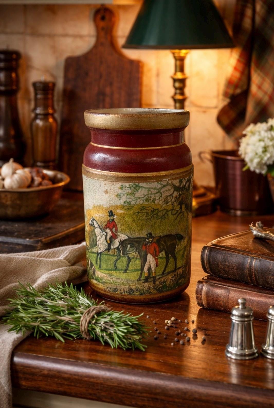 Italian Fox Hunting Ceramic Canister with Gilt Accents