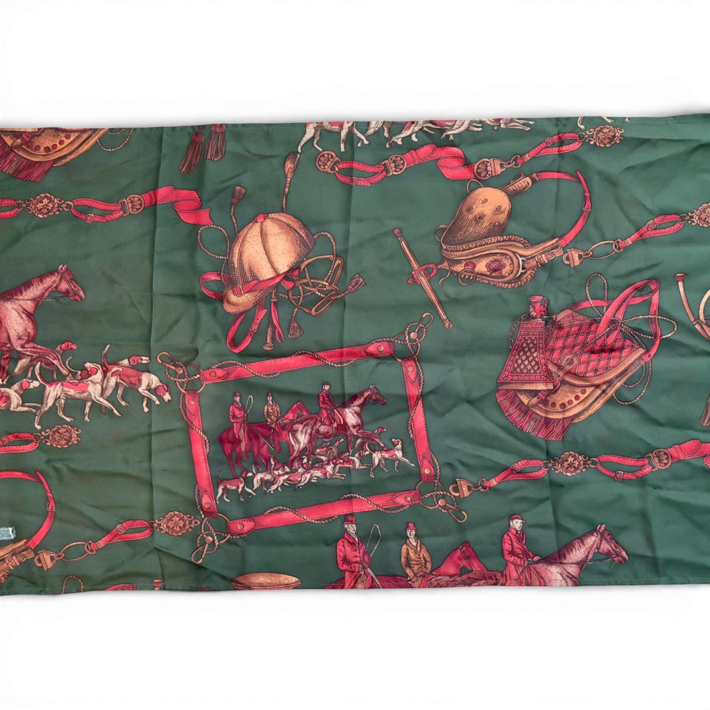 Vintage Equestrian Silk Scarf — Green Fox Hunt Motif with Riders, Hounds & Tack (54" x 15")