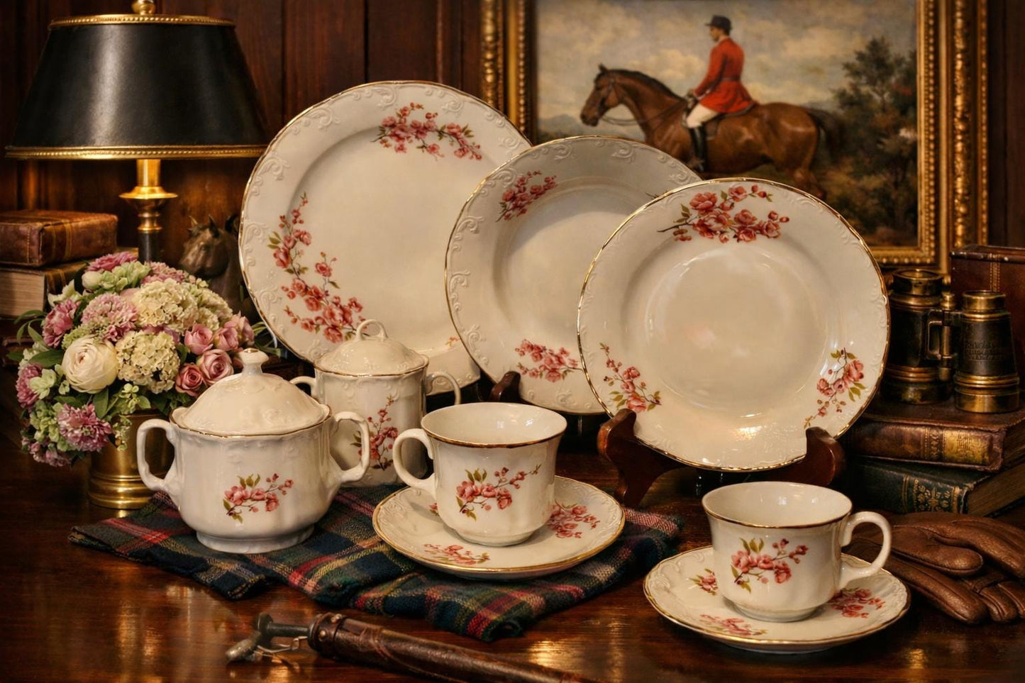 Vintage Romanian Fine Porcelain Cherry Blossom Dinnerware Set – 37 Piece Tea & Service Collection